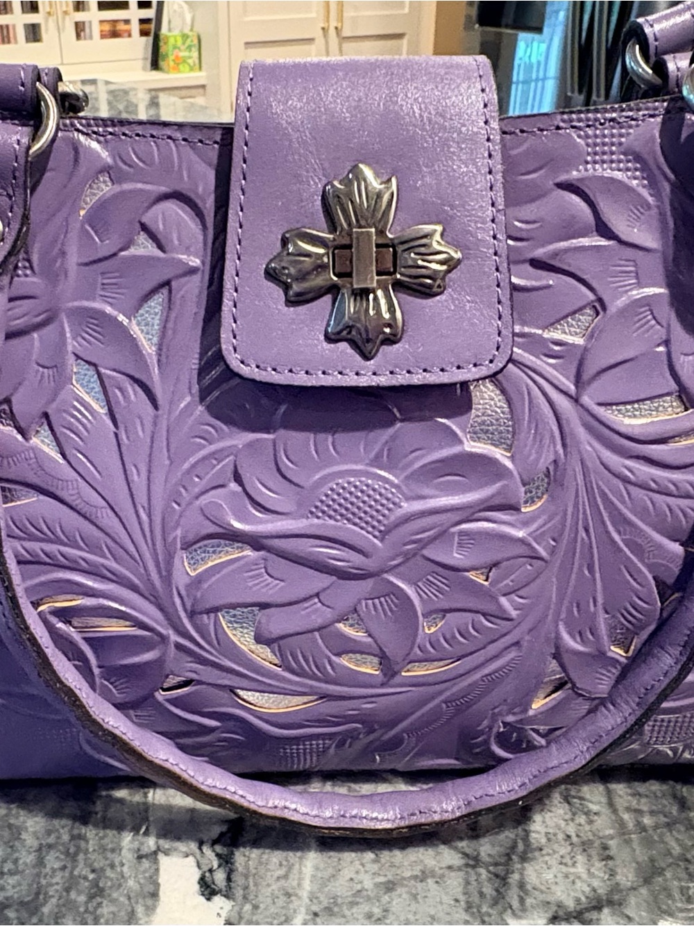 Patricia Nash Amethyst Floral Tooled Shoulder Bag with Decorative Cross Clasp